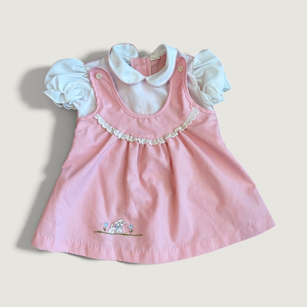 Vintage Paquito Pink Bunny Embroidered Jumper Dress & White Blouse Set 12M